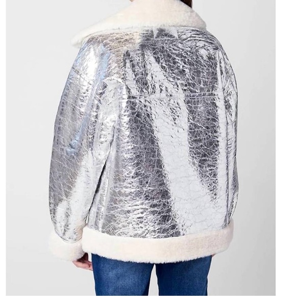 BLANK NYC Silver Metallic Faux Shearling Aviator Jacket Cozy Moto Zip SZ L - Picture 7 of 12